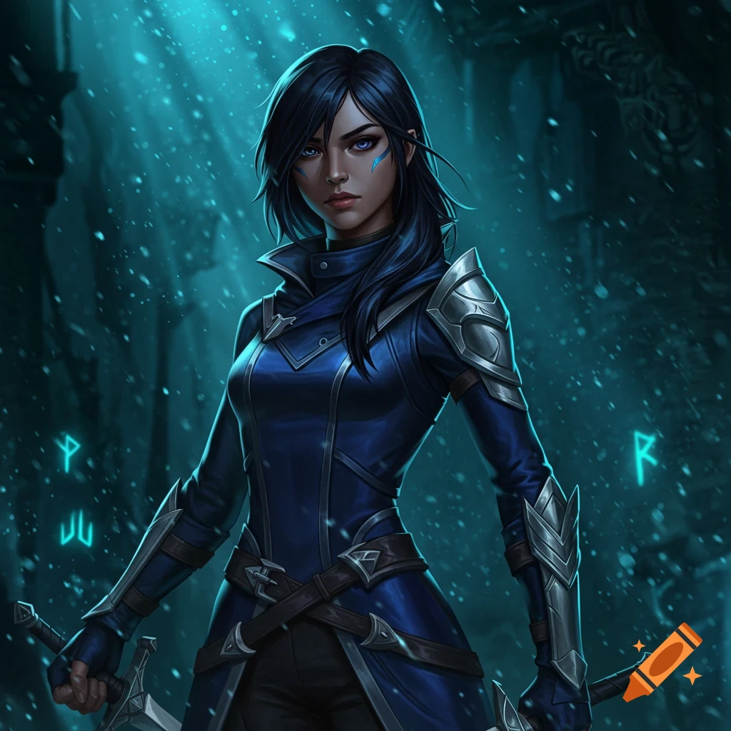 A dark-haired woman in blue armor holds two swords in a dark, snowy fantasy setting with glowing runes.