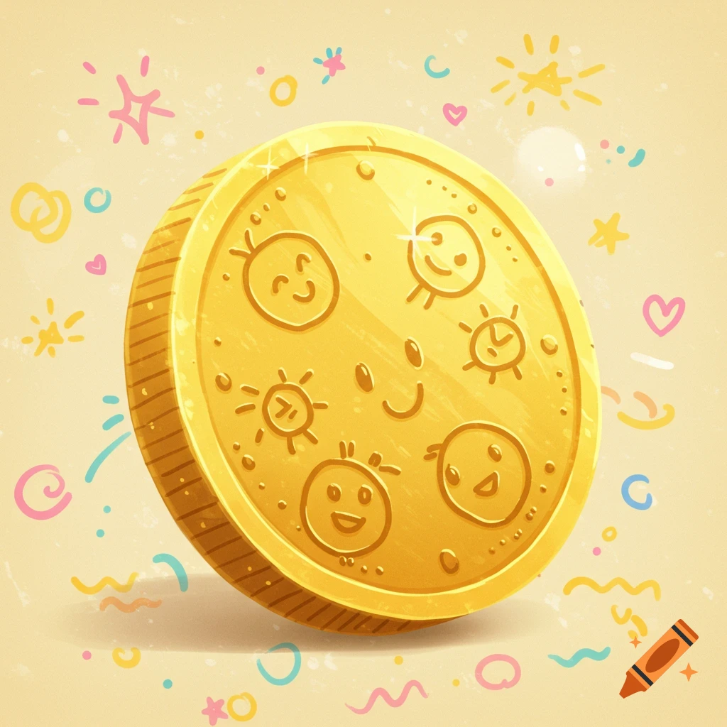 A cartoonish gold coin with cheerful, simplified faces drawn on its surface, surrounded by colorful doodles on a light yellow background.