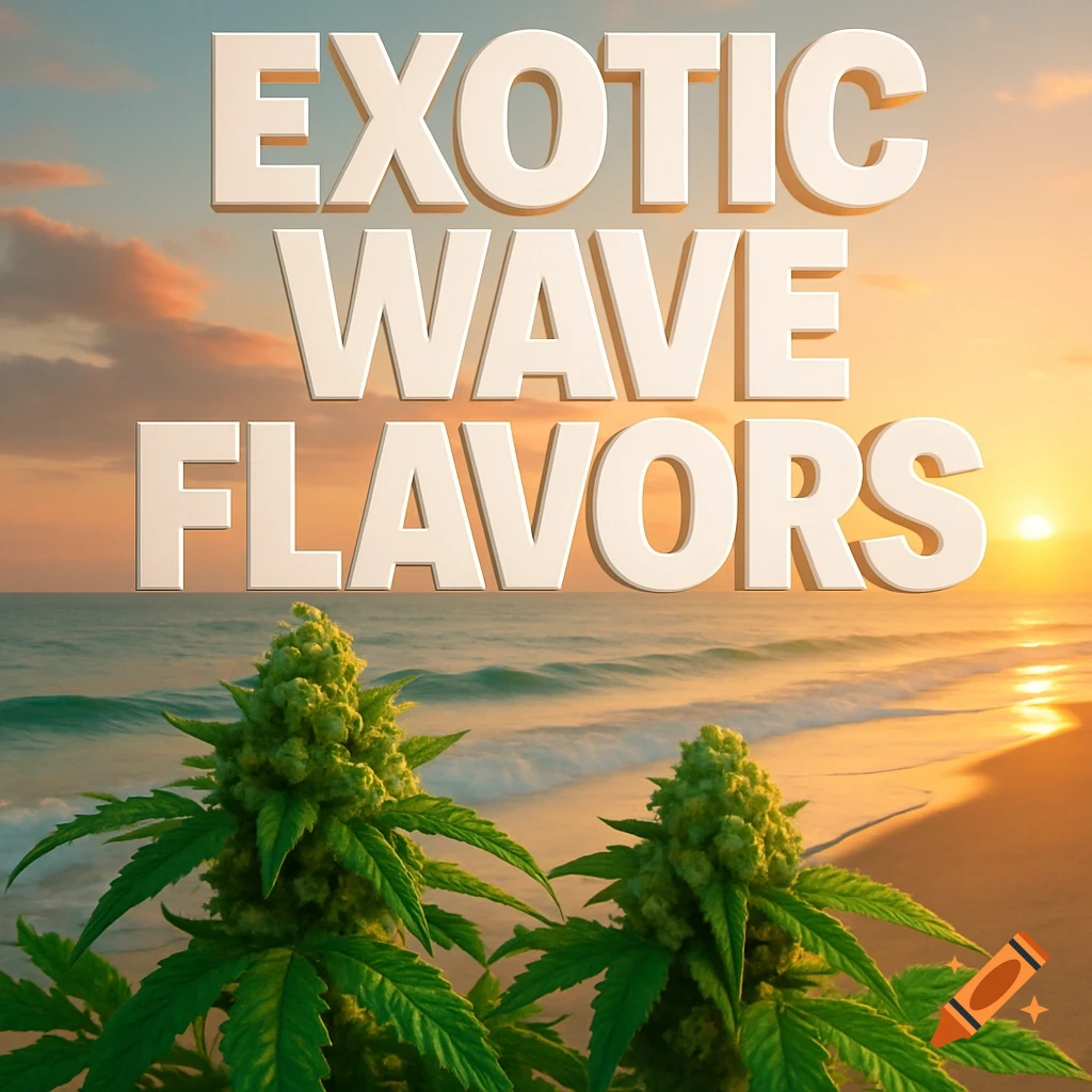 Large white text 'EXOTIC WAVE FLAVORS' above two vibrant cannabis plants on a sandy beach at sunset.