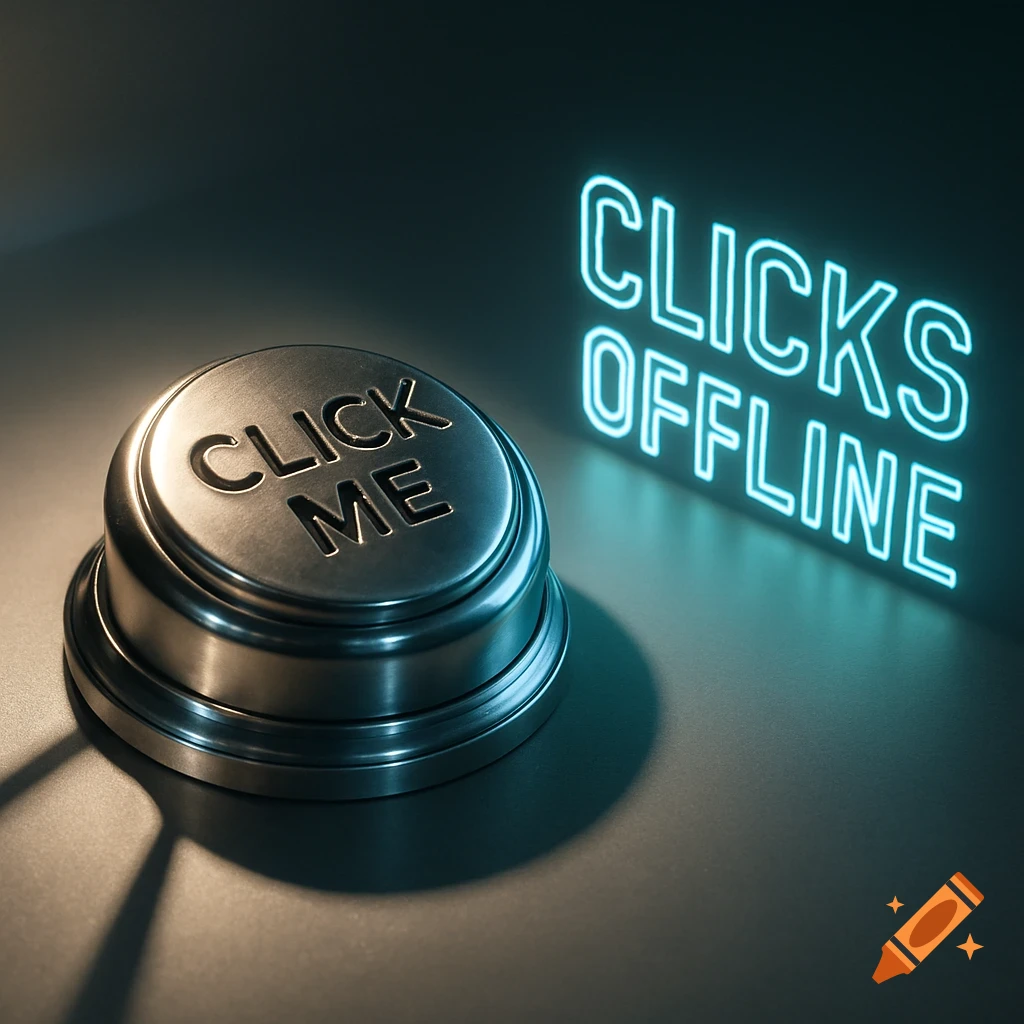 A metallic button engraved with 'CLICK ME' next to glowing neon blue text that reads 'CLICKS OFFLINE' on a dark surface.