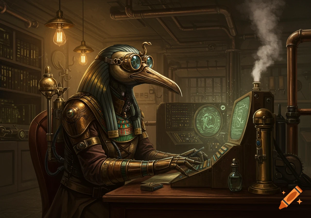 A steampunk Thoth with an ibis head and goggles sits at a desk, typing on an intricate keyboard while looking at a glowing green monitor in a dim, pipe-filled room.