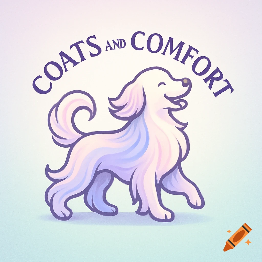 A pastel colored illustration of a happy dog walking, with the text 'COATS and COMFORT' above it, a logo.