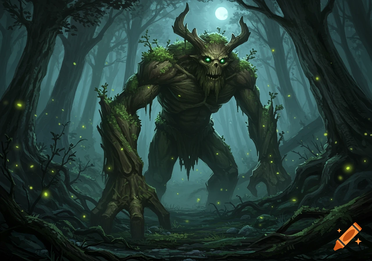A mossy, horned forest creature with glowing green eyes stands in a dark, misty forest with glowing fireflies under a full moon.