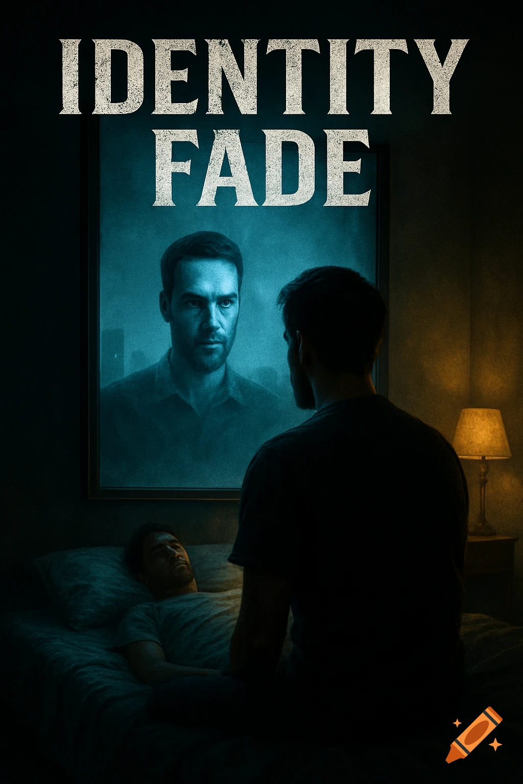 Movie poster titled 'IDENTITY FADE' showing a man in bed, his reflection in a mirror, and another man looking at it in a dark room.