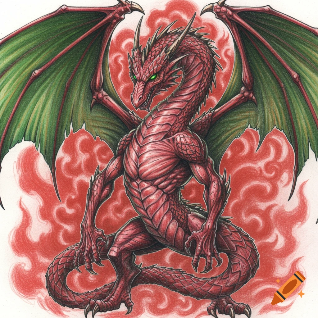 A powerful red dragon with green wings and glowing green eyes, drawn in a detailed pencil style, with a smoky red background.