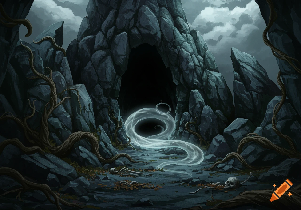 An ominous, dark fantasy landscape featuring a cave entrance, gnarled roots, and scattered skeletal remains under a cloudy sky.