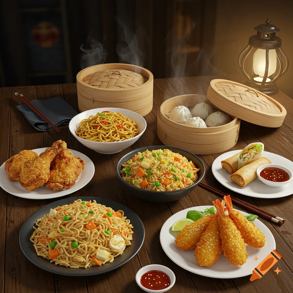 A table laden with steaming bowls of noodles, fried chicken, soup dumplings, spring rolls, fried rice, and shrimp tempura.