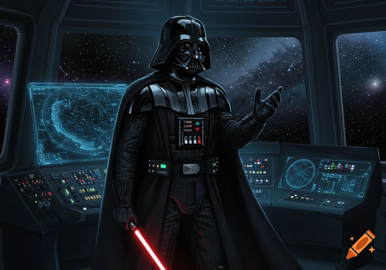 Darth Vader stands in a spaceship cockpit, holding a lightsaber, with a holographic star map displayed on a console. The cockpit windows show a starfield.