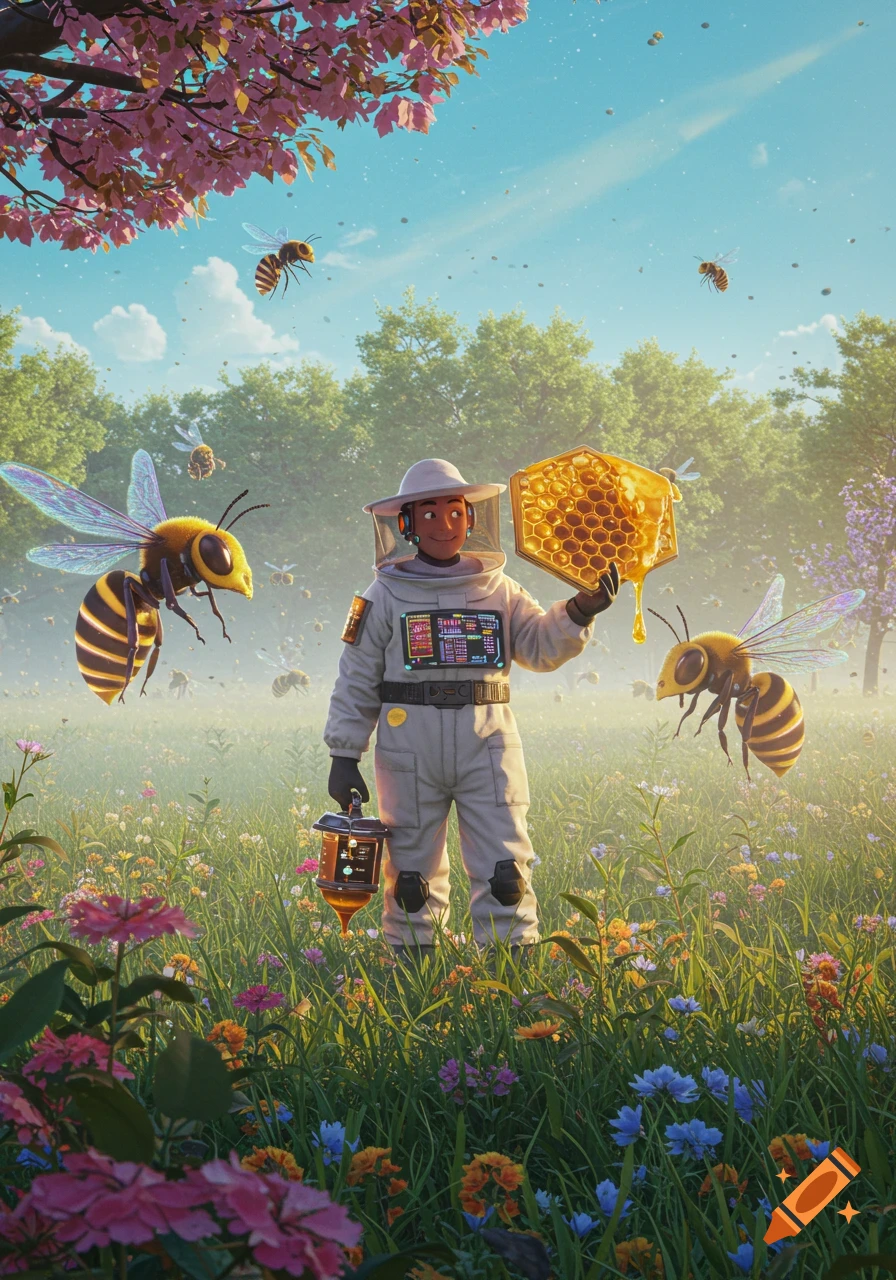 A person in a futuristic beekeeper suit holds a honeycomb in a sunny flower field with large, colorful bees flying around.