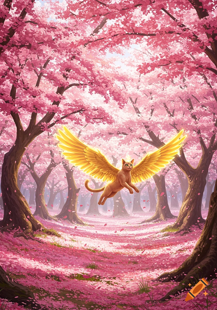 A tan cat with golden wings flies through a vibrant pink cherry blossom forest, with petals on the ground.