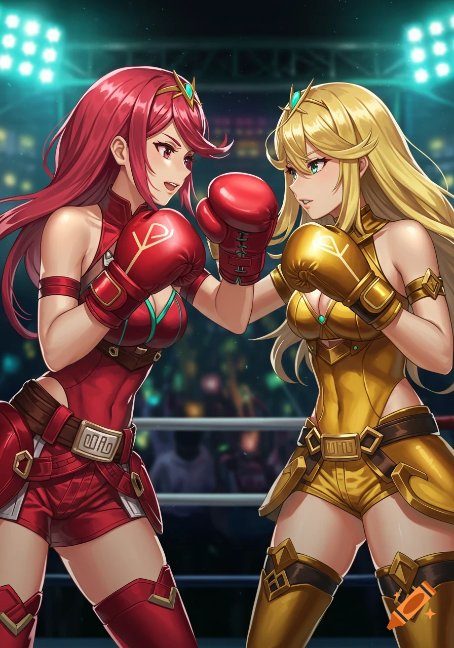 Anime illustration of Pyra in red and Mythra in gold boxing in a ring.