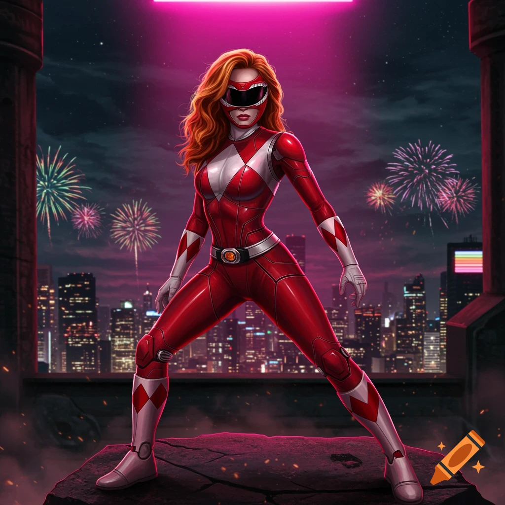 A ginger woman dressed as the Red Power Ranger stands on a rooftop overlooking a city with fireworks.