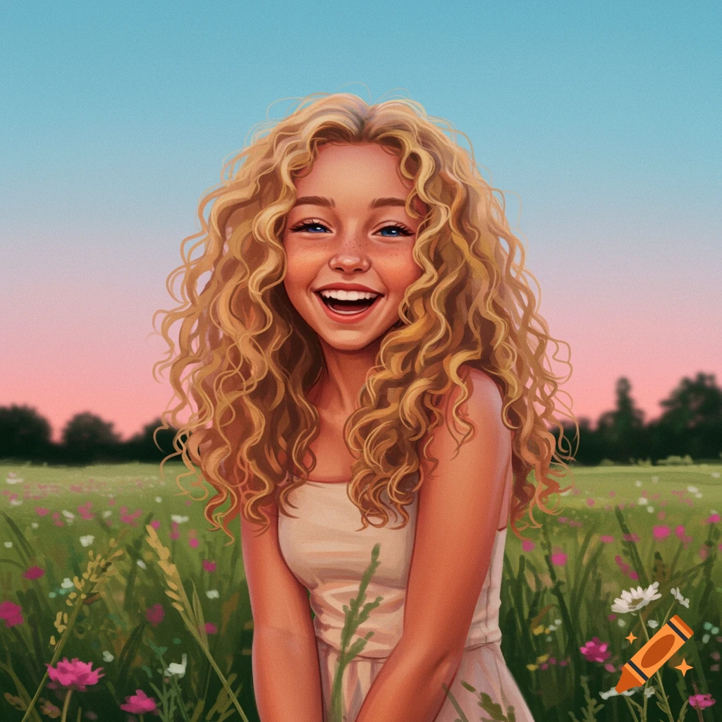 A smiling blonde girl with curly hair stands in a field of wildflowers under a gradient sky.