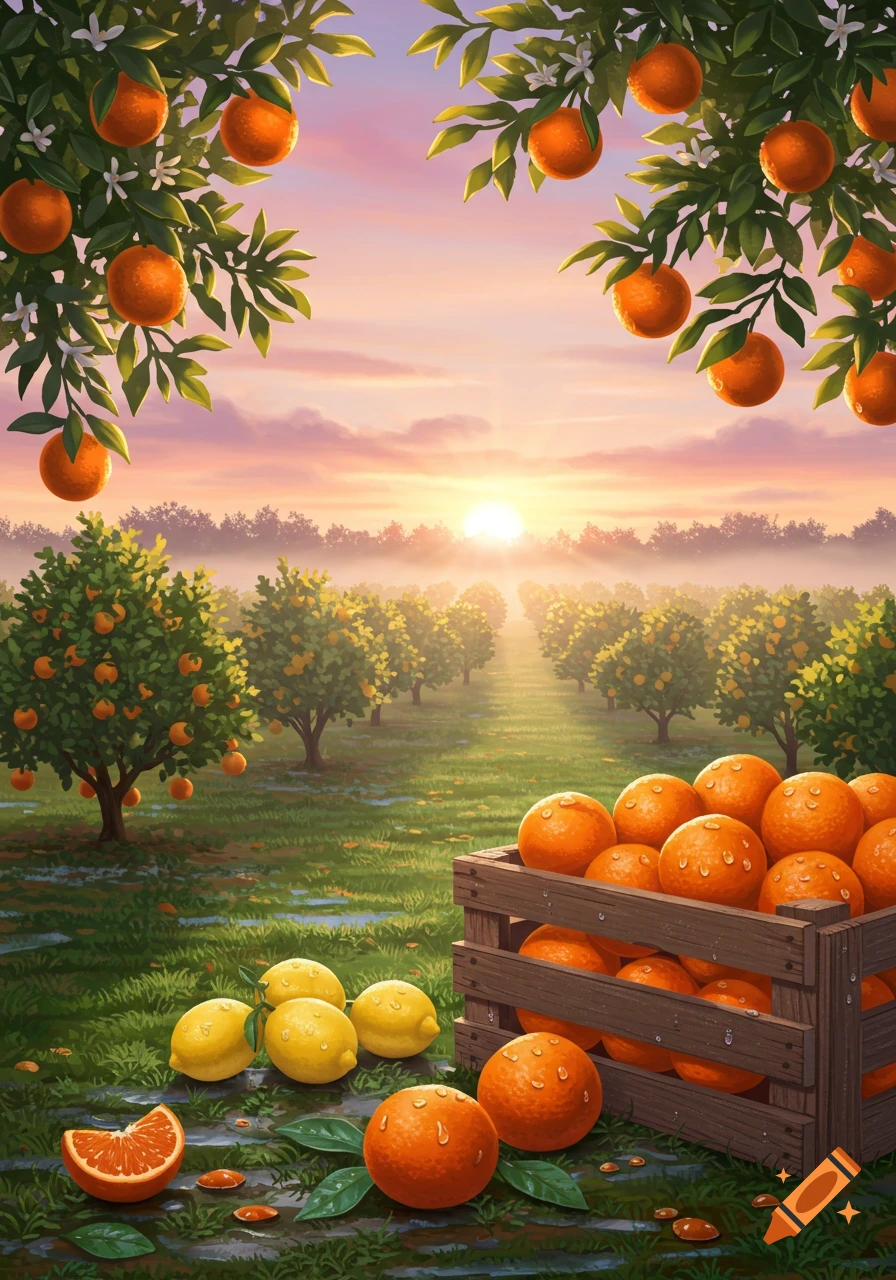 A vibrant illustration of an orange grove at sunrise, with oranges hanging from trees and a crate full of fruit on the ground.