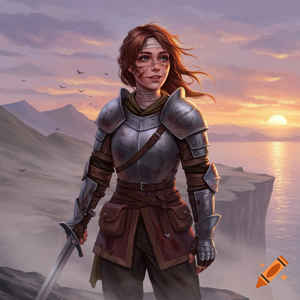 A female warrior with a scarred and bandaged face, wearing armor and holding a sword, stands on a cliff overlooking the ocean at sunset.