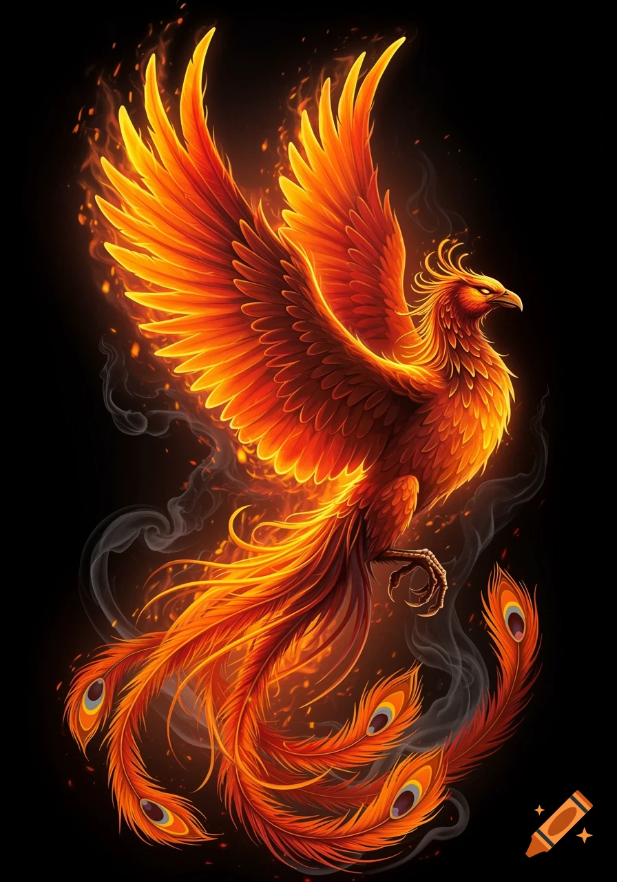 A vibrant phoenix, covered in bright orange and red flames, soars against a dark background.