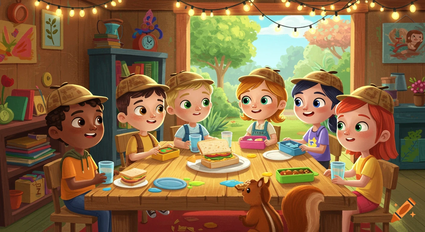 Six diverse cartoon children in explorer hats eat lunch at a wooden table in a clubhouse, with a squirrel near a sandwich.