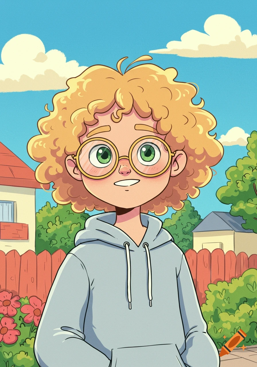A cartoon character portrait of a boy with blonde curly hair and green eyes, wearing glasses and a gray hoodie, smiling outdoors.