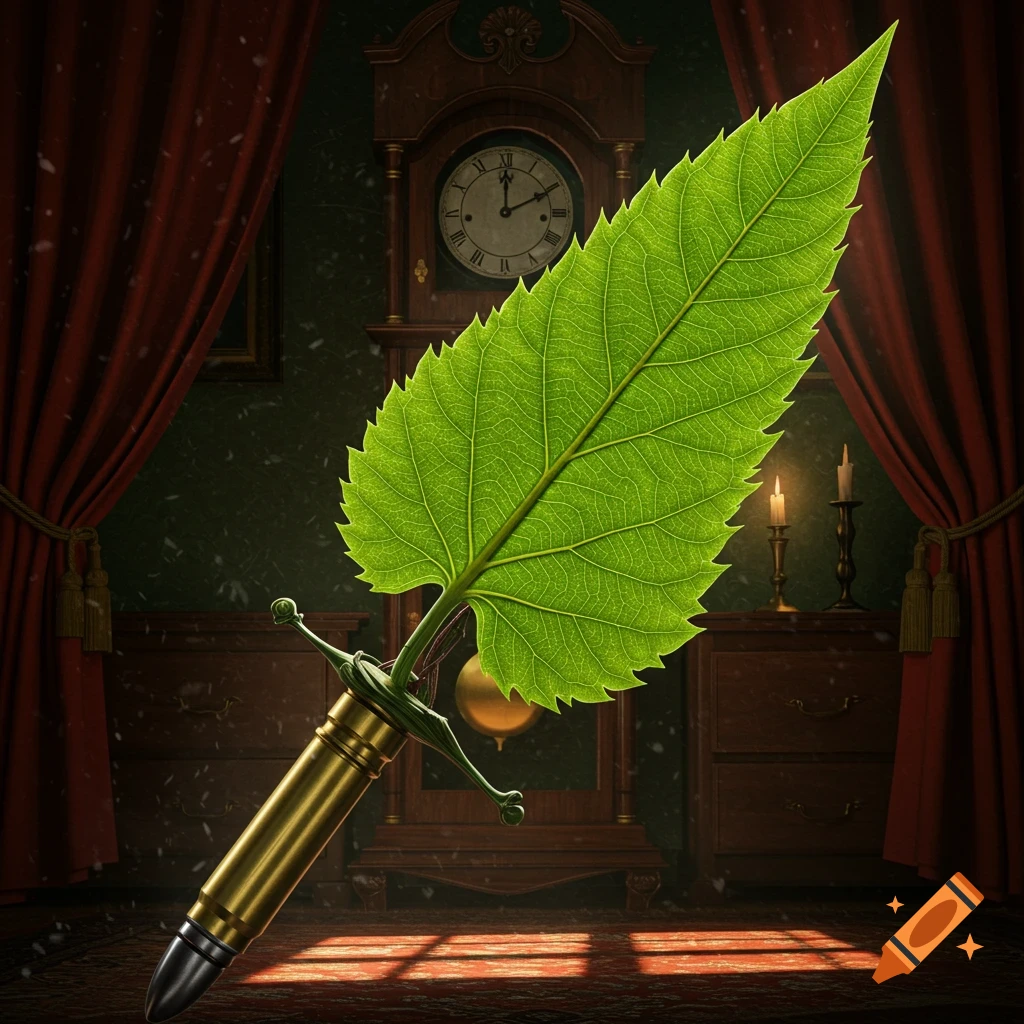 A sword with a vibrant green leaf for a blade and a golden bullet as its handle stands in a dimly lit, ornate room with a grandfather clock and red curtains.
