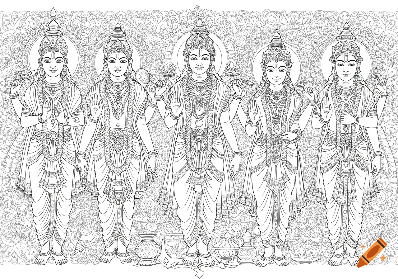 Five richly detailed Hindu gods in traditional attire, depicted as black and white line art suitable for a coloring book, with intricate mandala backgrounds.