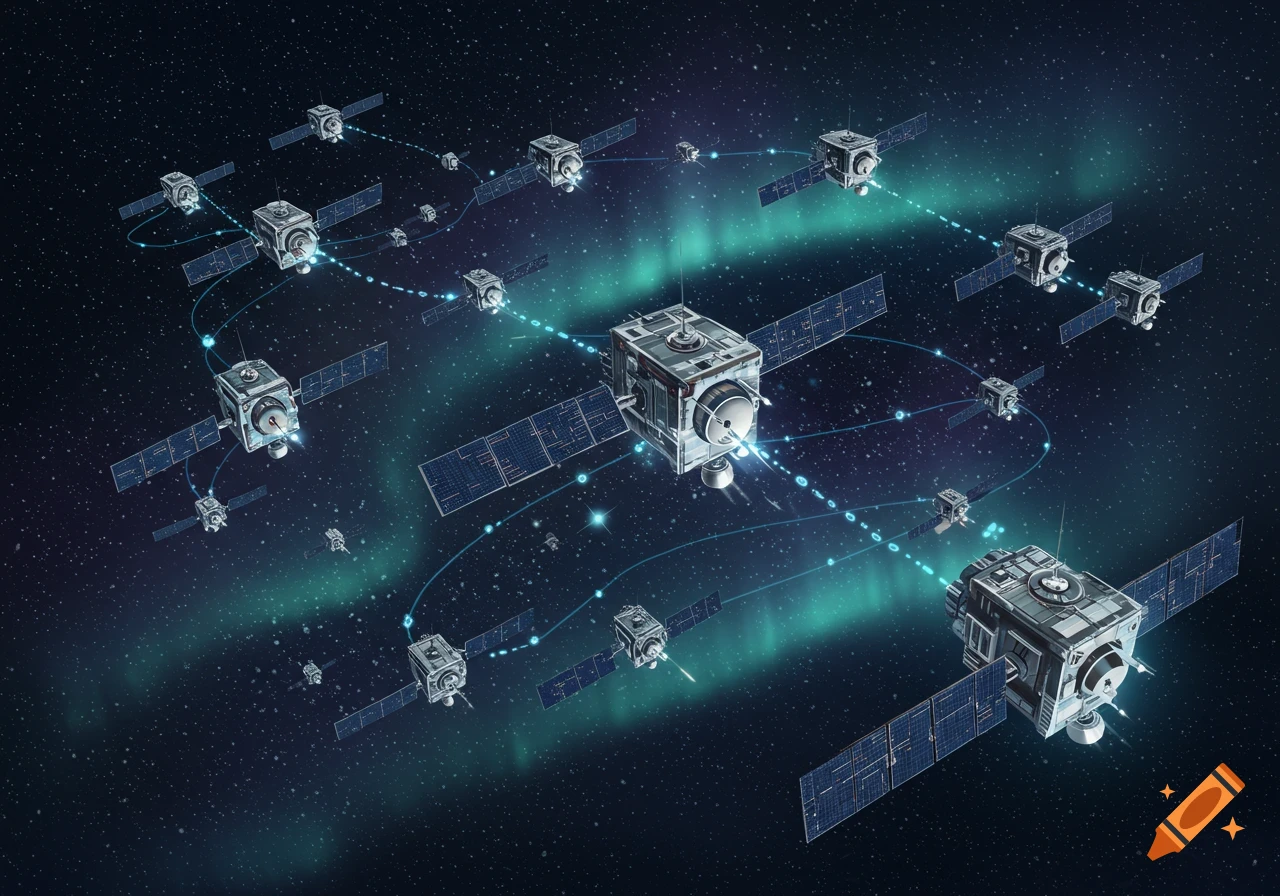 A constellation of satellites connected by glowing data paths in deep space, with a green and blue nebula in the background.