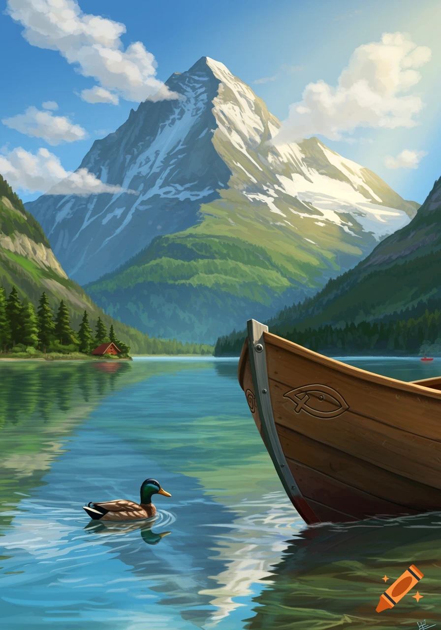 A scenic mountain lake with a wooden boat featuring a fish symbol, and a mallard duck swimming in the foreground.