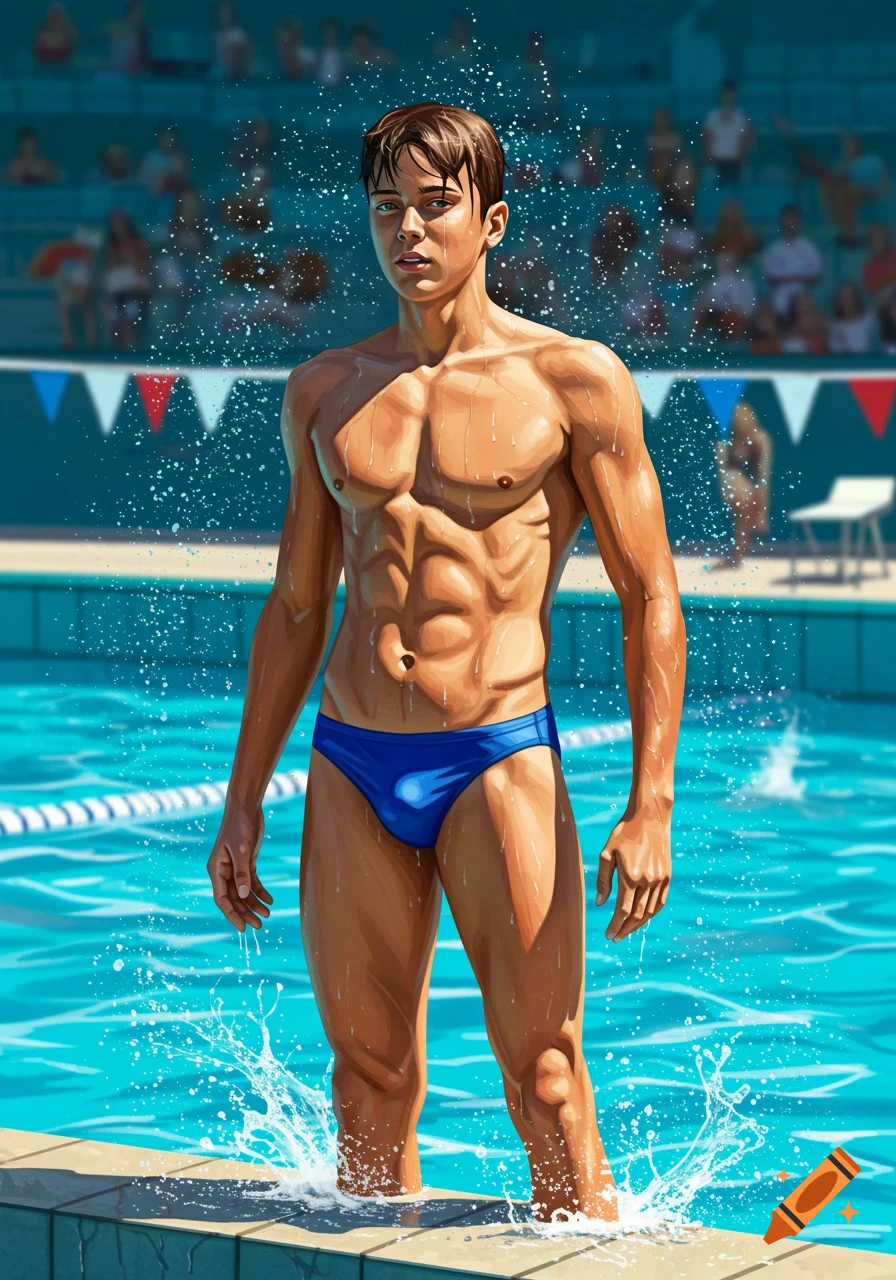 Muscular young male swimmer in a blue speedo standing in a swimming pool with water splashing, at a competitive event.