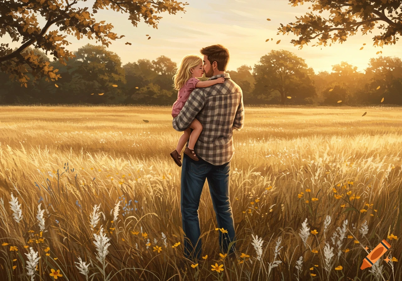 Illustrated father holding his daughter in a sunlit field with autumn trees.