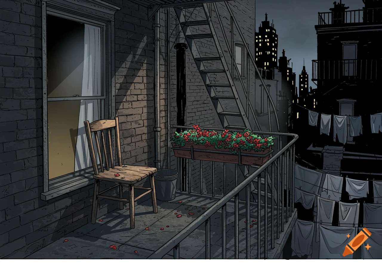 A noir comic style illustration of an empty fire escape balcony with a wooden chair, a flower box, and a city skyline in the background.