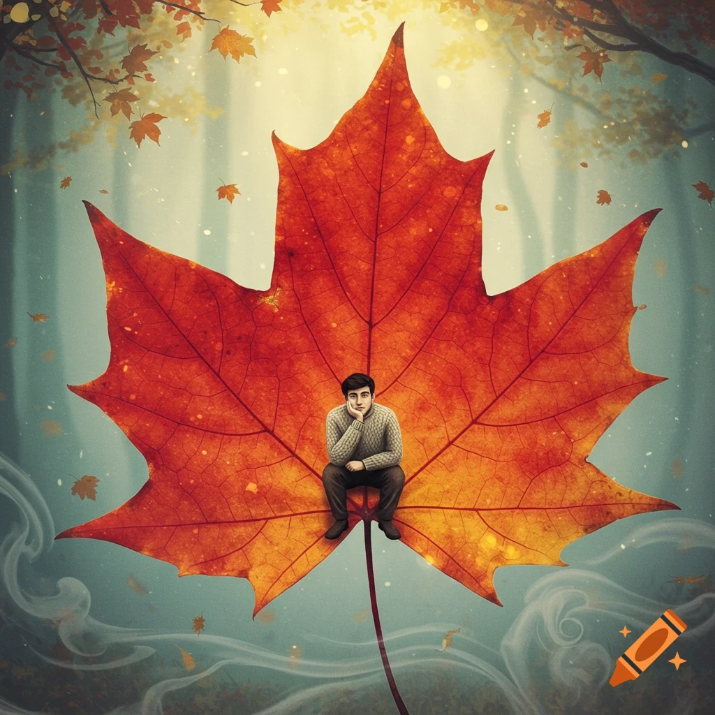 A man sits on a giant red maple leaf floating in an autumnal forest with falling leaves and mist.