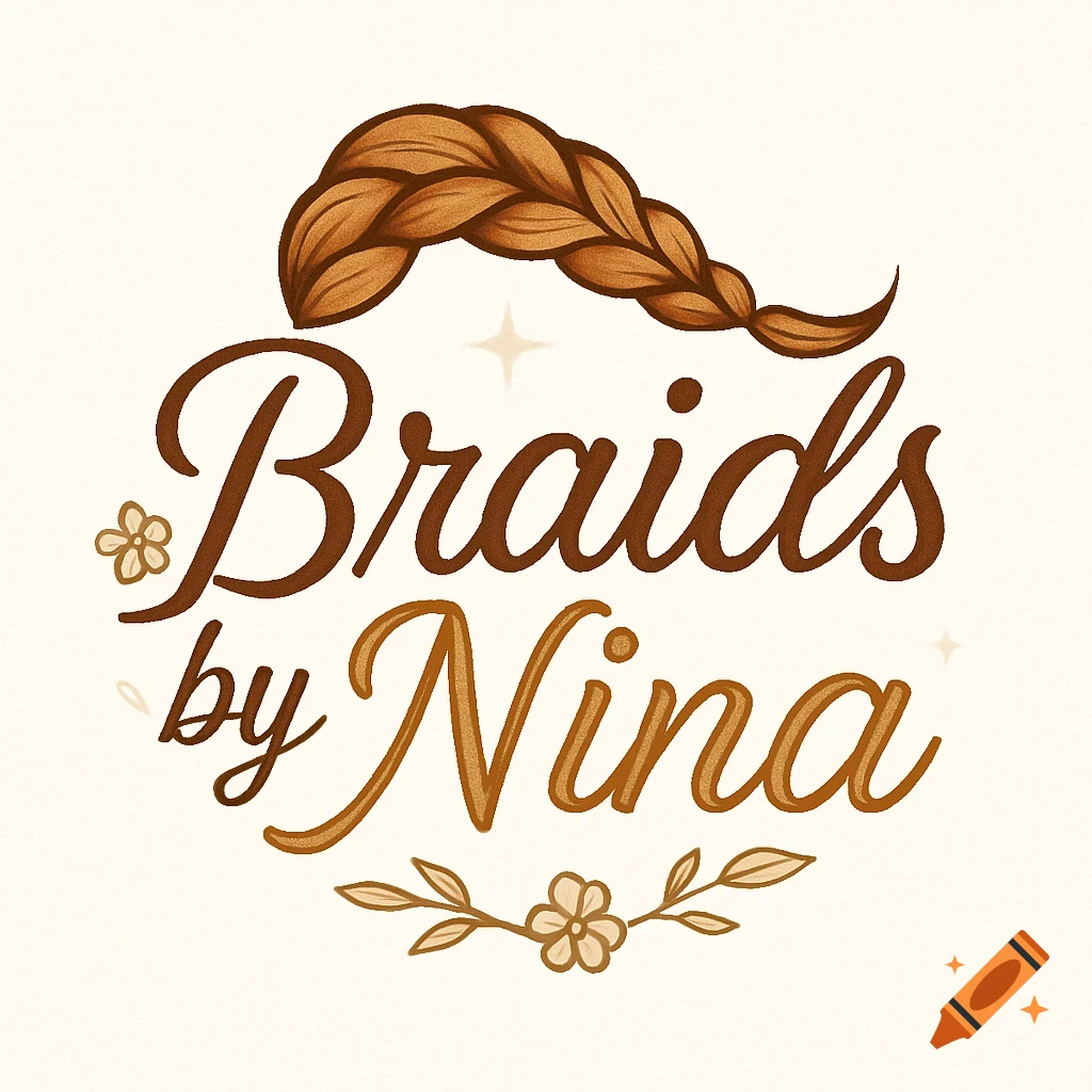 A brown and cream logo with a cursive text 'Braids by Nina' and an illustration of a brown braided ponytail above it.