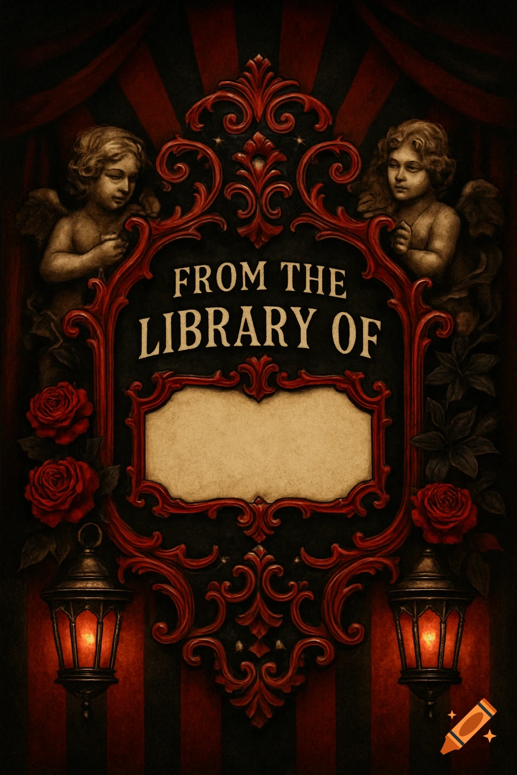 Decorative vintage gothic bookplate with red and black accents, featuring cherubs, roses, lanterns, and space to write a name.