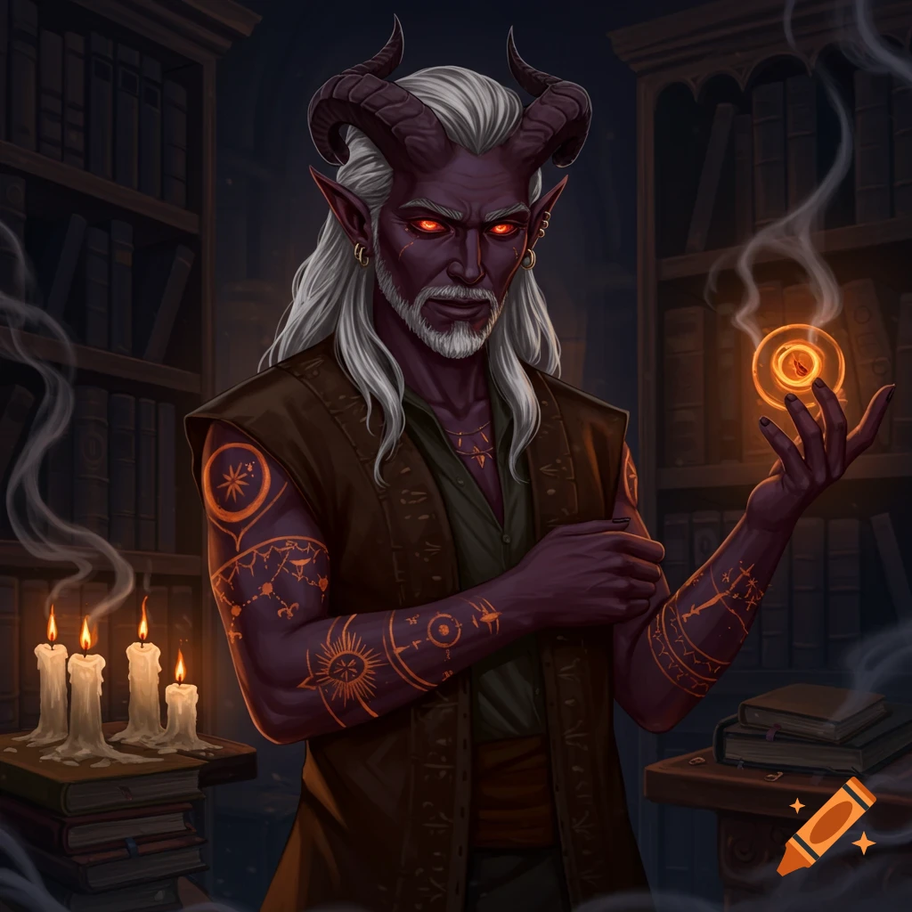 A tiefling man with purple skin, white hair, a gray beard, and glowing red eyes holds a magical orb in a dark library with lit candles.