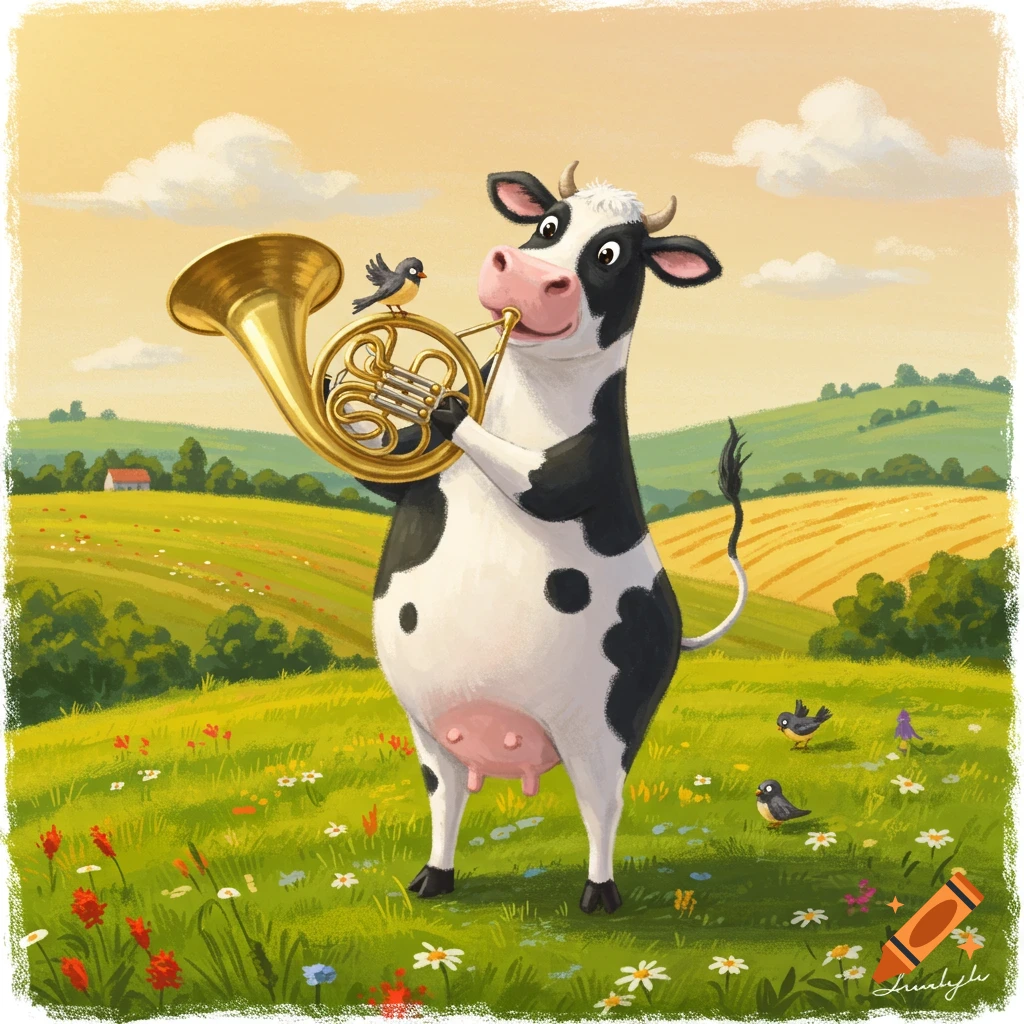 A happy cartoon cow plays a golden french horn in a vibrant, sunny green field with wildflowers and small birds.