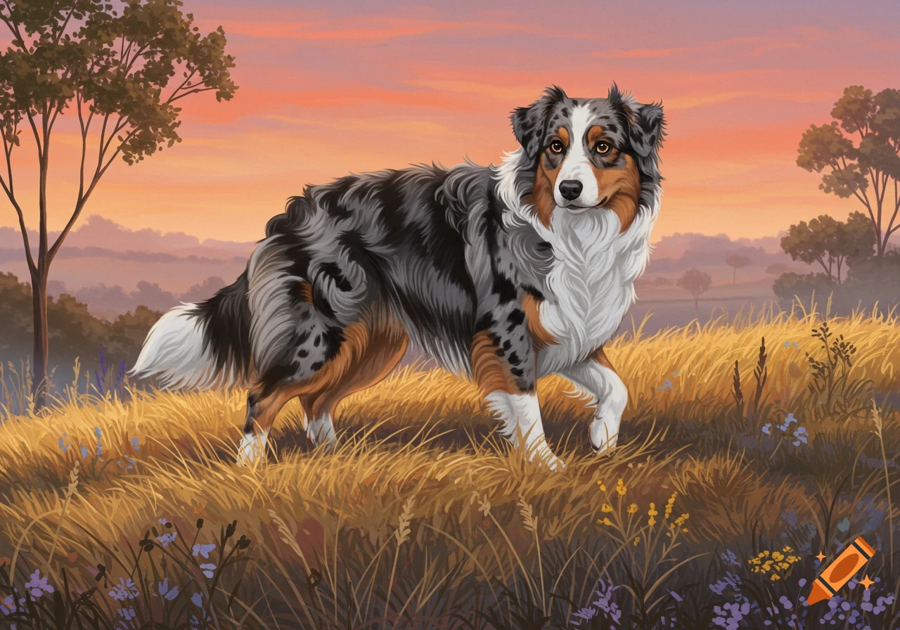 An Australian Shepherd dog stands in a golden field at sunset in an illustrative style.