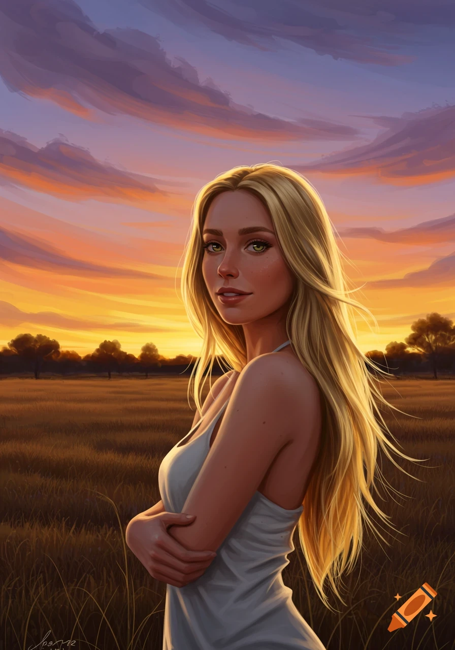 A stylized portrait of a blond woman with hazel eyes and long hair, standing in a field at sunset with an orange and purple sky.