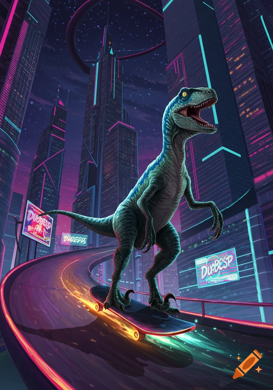 A blue velociraptor rides a skateboard on a neon-lit futuristic city road at night, surrounded by towering skyscrapers.