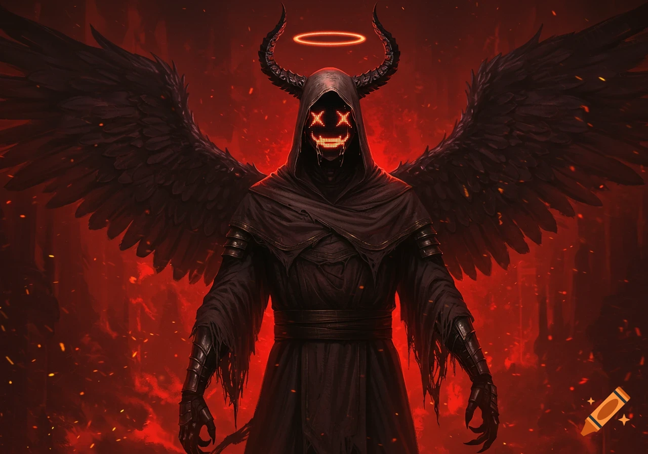 A dark hooded figure with large black wings, horns, and a glowing red LED face with X-eyes stands against a fiery red background.
