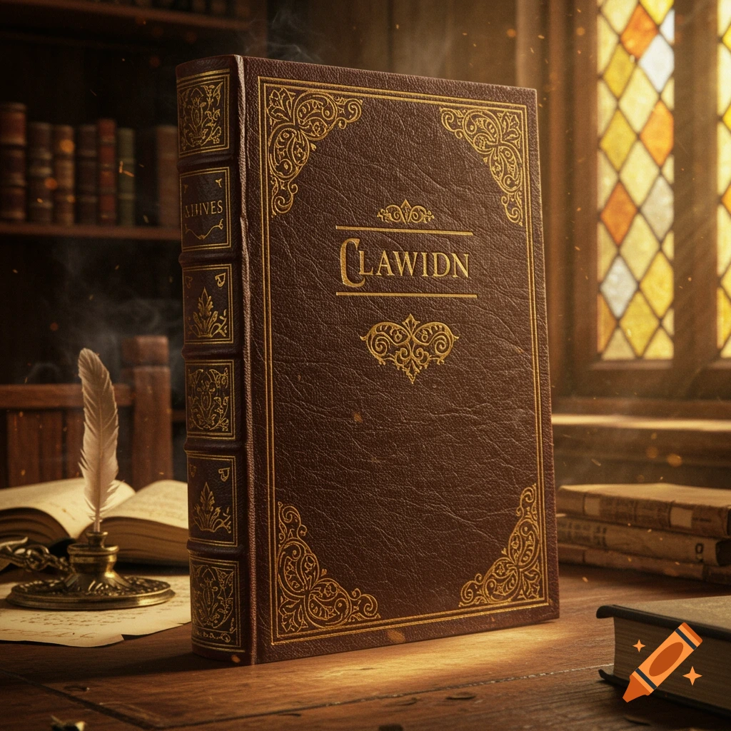 A detailed brown leather-bound book with gold filigree and 'CLAWDN' on its cover, sitting on a wooden table in a library with a stained-glass window.