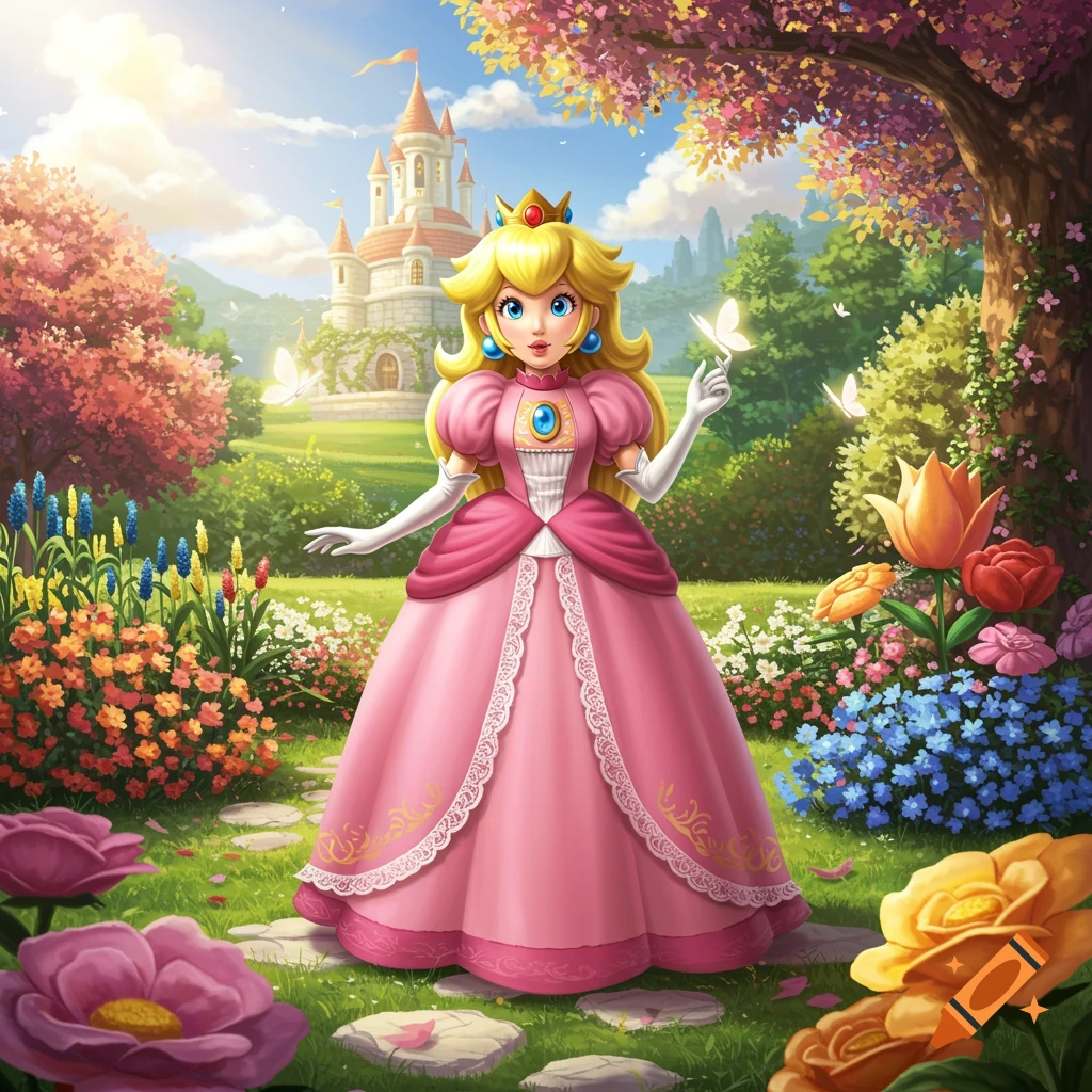 Princess Peach in a vibrant, colorful garden with a castle. She holds a butterfly on her finger in this digital illustration.