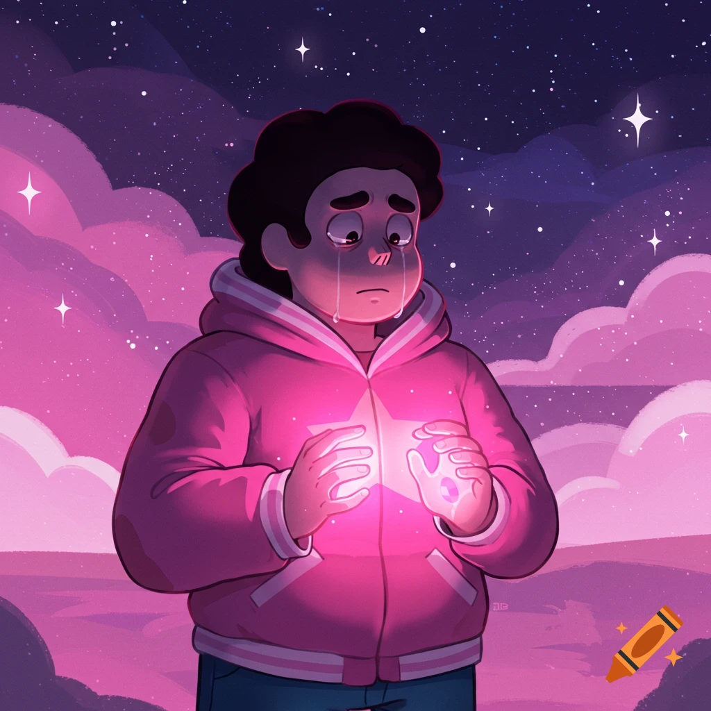 Steven Universe, wearing a pink hoodie, cries under a starry purple sky while holding a glowing pink star.