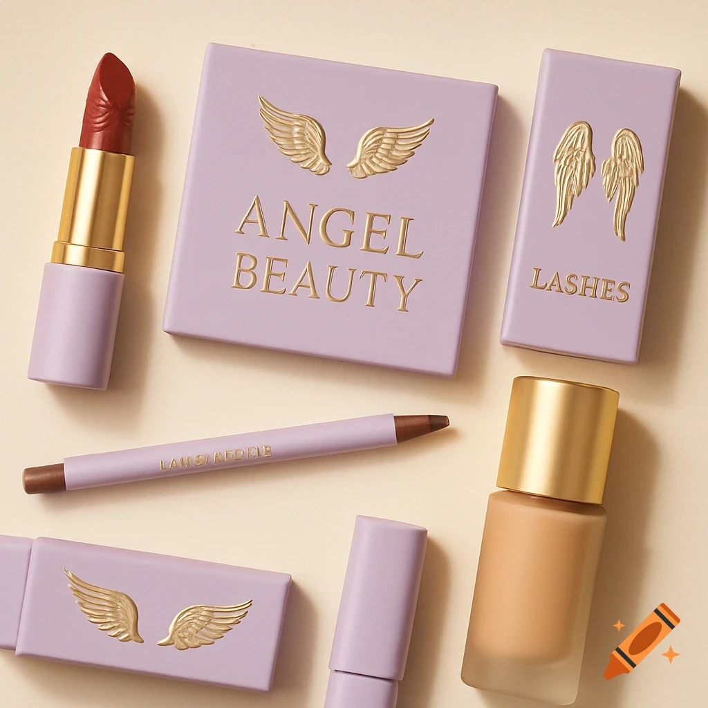 A flat lay of pastel lavender and gold Angel Beauty makeup, including red lipstick, an eyeshadow palette, lash box, lip liner, and foundation.