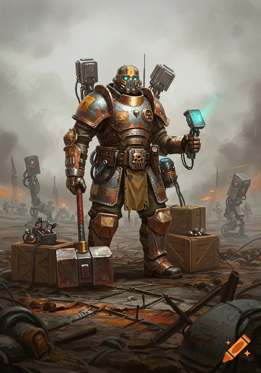 A heavily armored, rusty, futuristic warrior stands holding a large hammer and a glowing device in a desolate, debris-strewn battlefield.