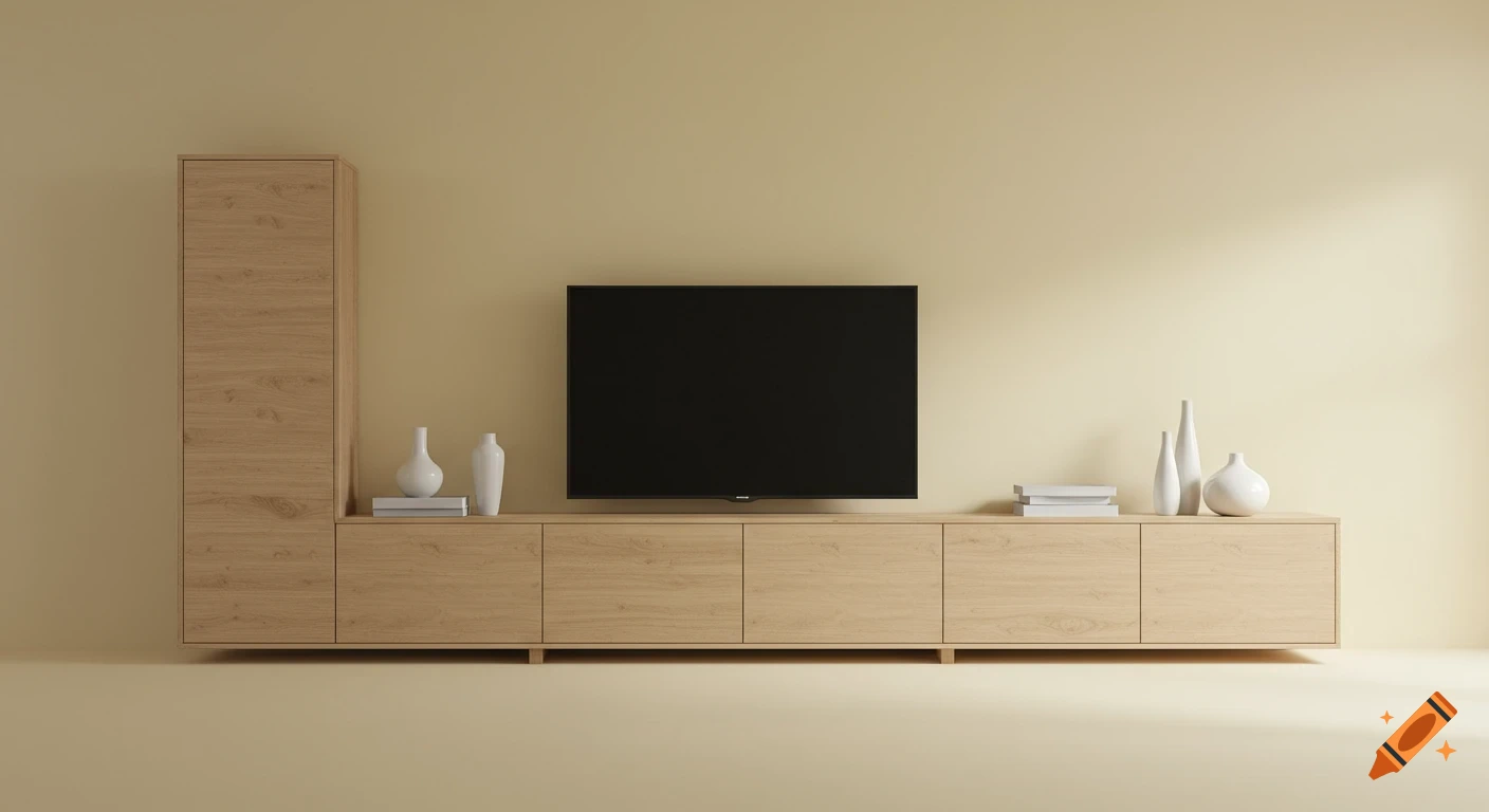 A modern living room wall unit with a light wood TV cabinet, a tall cabinet, and a wall-mounted black TV on a light yellow wall.