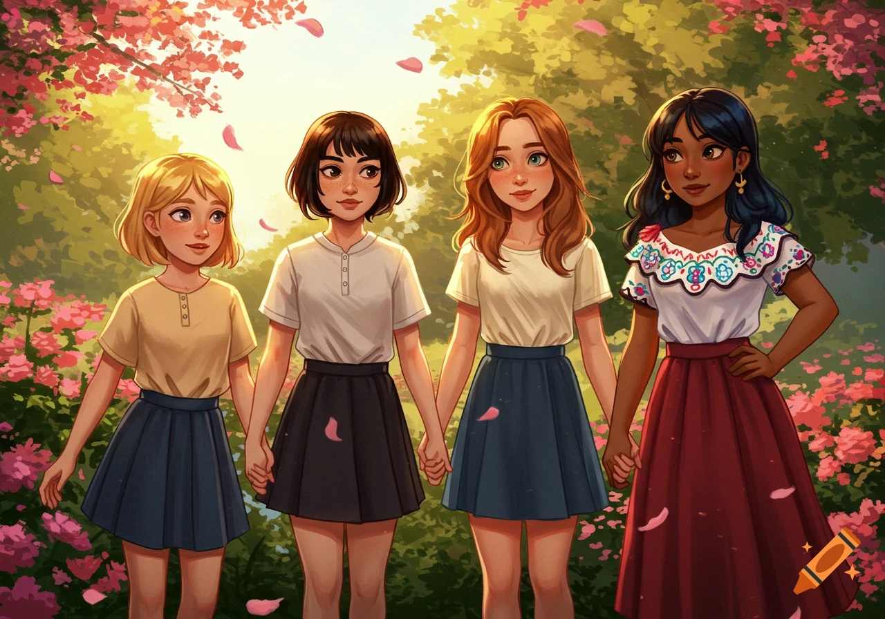 Four diverse young women, holding hands and smiling, stand together in a sunny park filled with pink flowers and falling petals, in a vibrant digital art style.