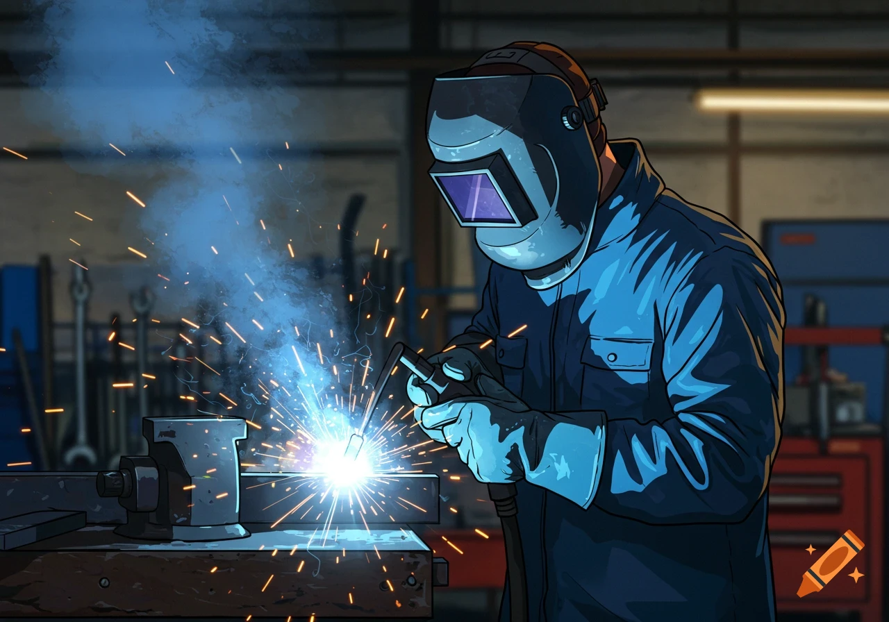 A 2D cartoon style illustration of a welder wearing a mask and gloves, actively welding metal, with sparks flying in a workshop.