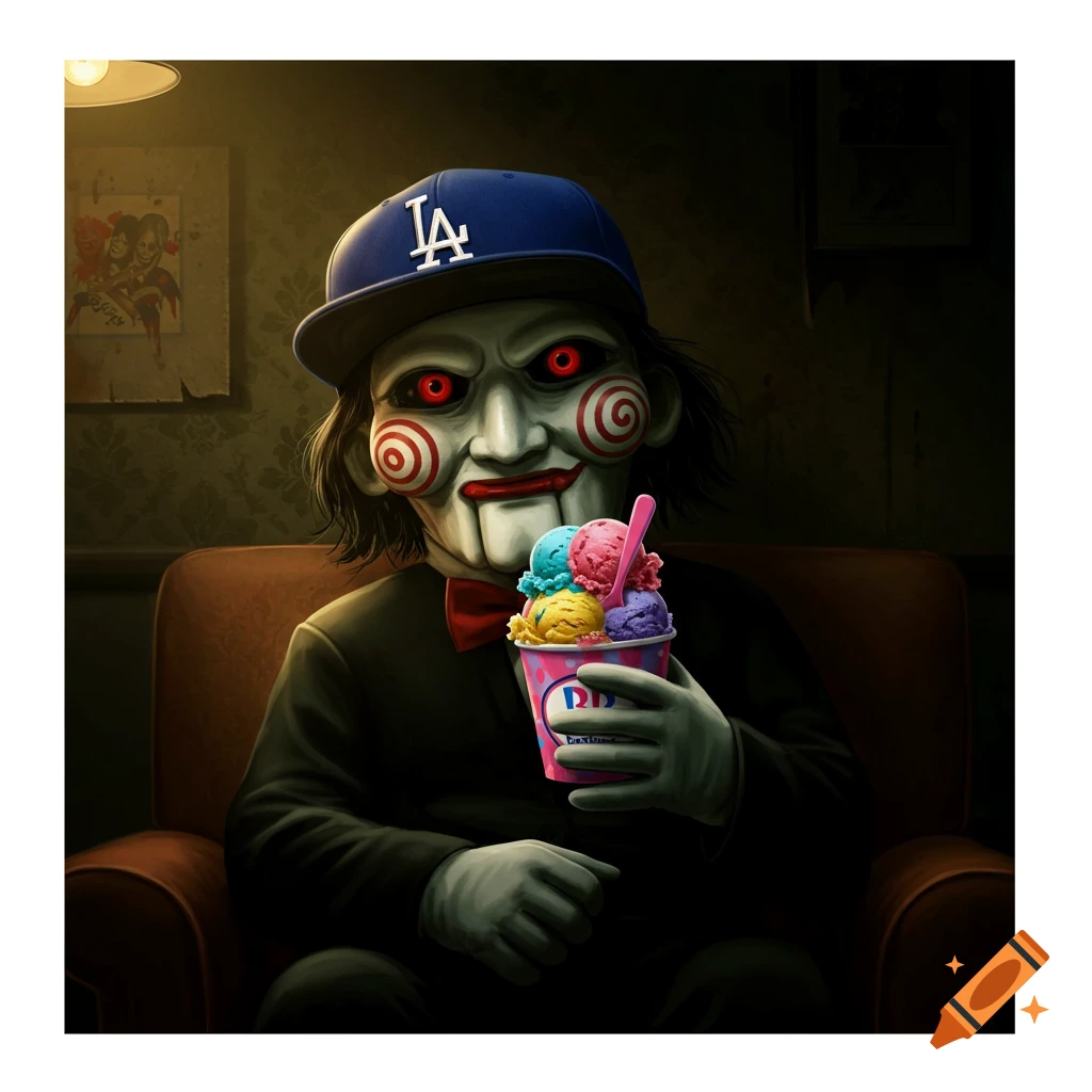 Billy the puppet from Saw, wearing a blue Dodgers baseball cap, sits in a chair and holds a cup of colorful ice cream.