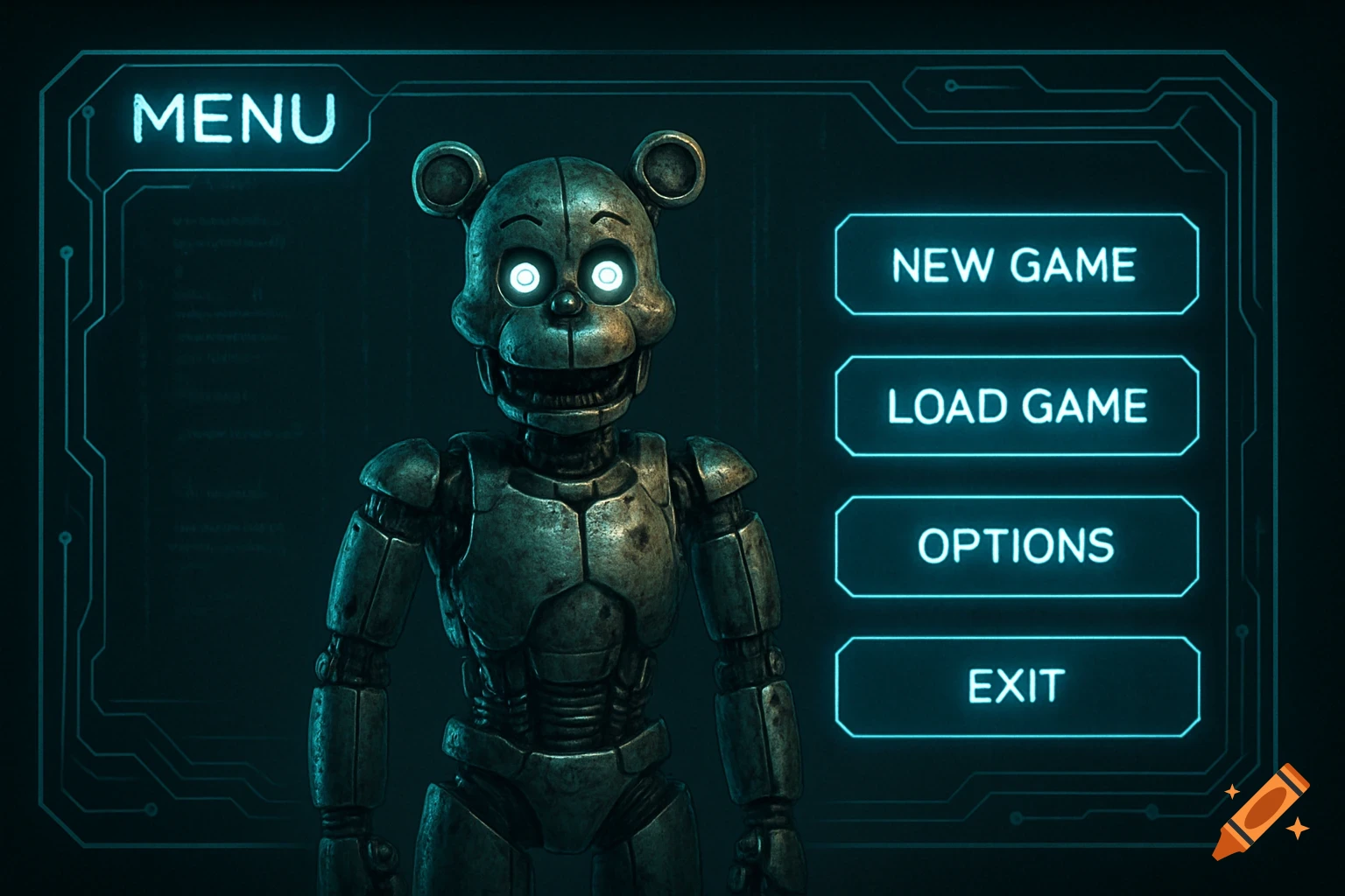 A creepy robotic animatronic stands in the center of a neon blue video game menu screen with options like 'New Game' and 'Exit'.