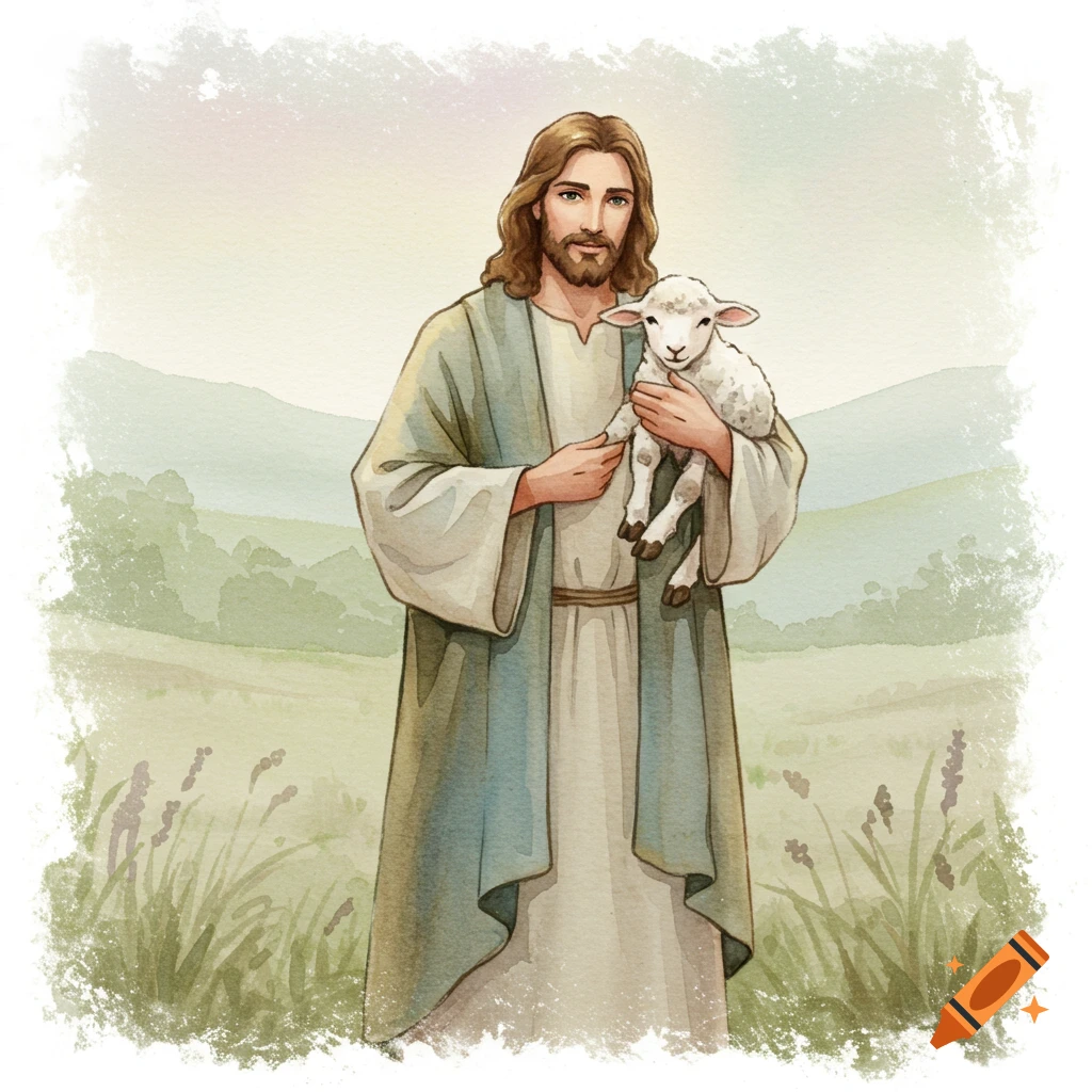 Watercolor illustration of Jesus, a gentle shepherd, holding a lamb in a muted green landscape.