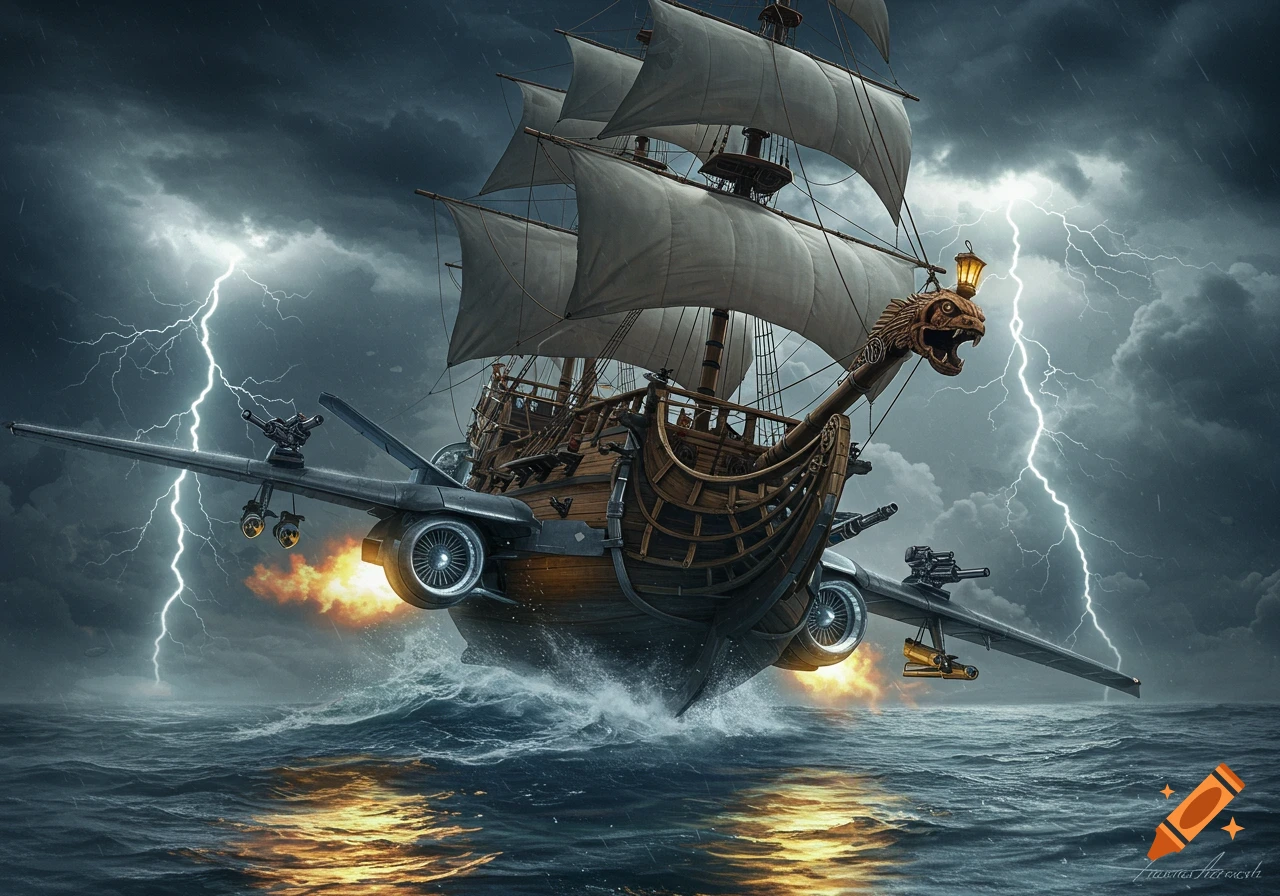 A fantastical steampunk pirate ship with jet engines and wings flies through a stormy sea with lightning strikes and dark clouds.
